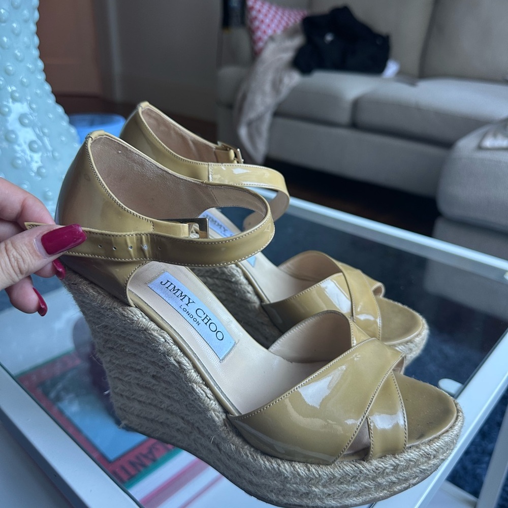 Jimmy Choo Tan Patent Wedge Sandals